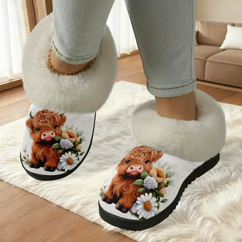 Heather | Highland Cow Fur-Collar Slippers