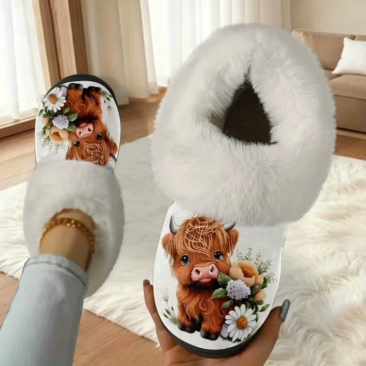 Heather | Highland Cow Fur-Collar Slippers