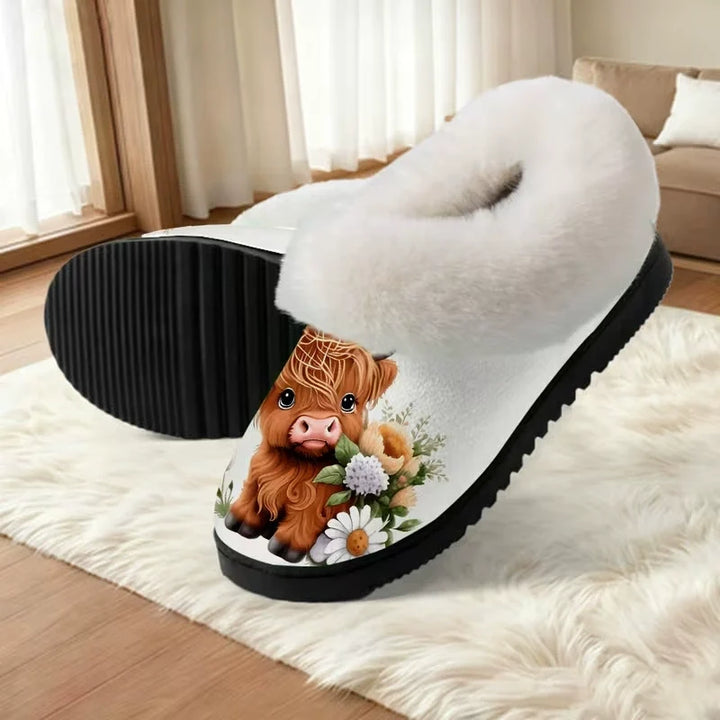 Heather | Highland Cow Fur-Collar Slippers