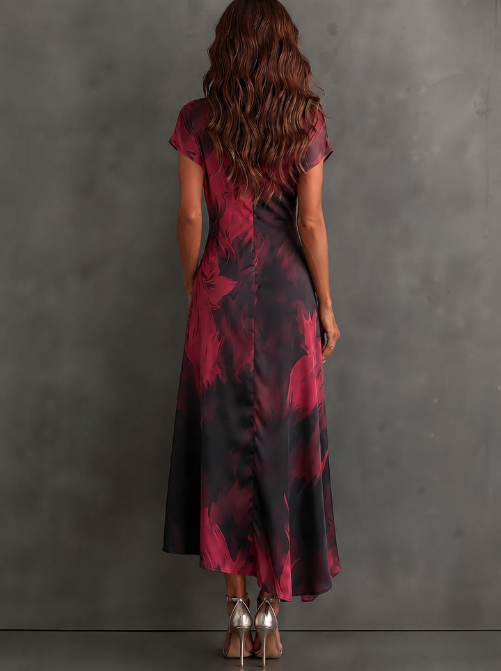 BEATRICE | BURGUNDY ABSTRACT PRINT MIDI WRAP DRESS