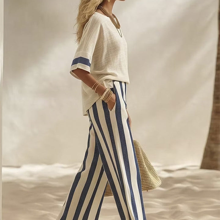 Women's Casual Striped Two-Piece Set with Wide-Leg Pants