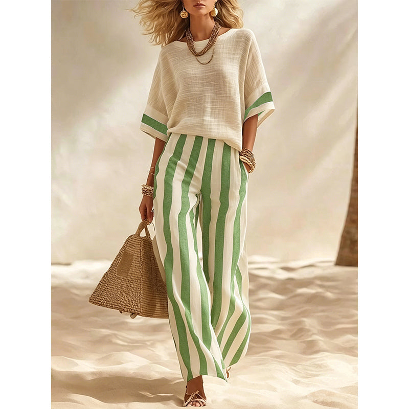 Women's Casual Striped Two-Piece Set with Wide-Leg Pants