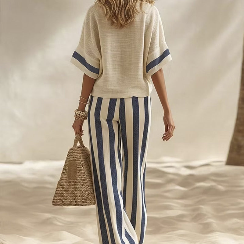 Women's Casual Striped Two-Piece Set with Wide-Leg Pants