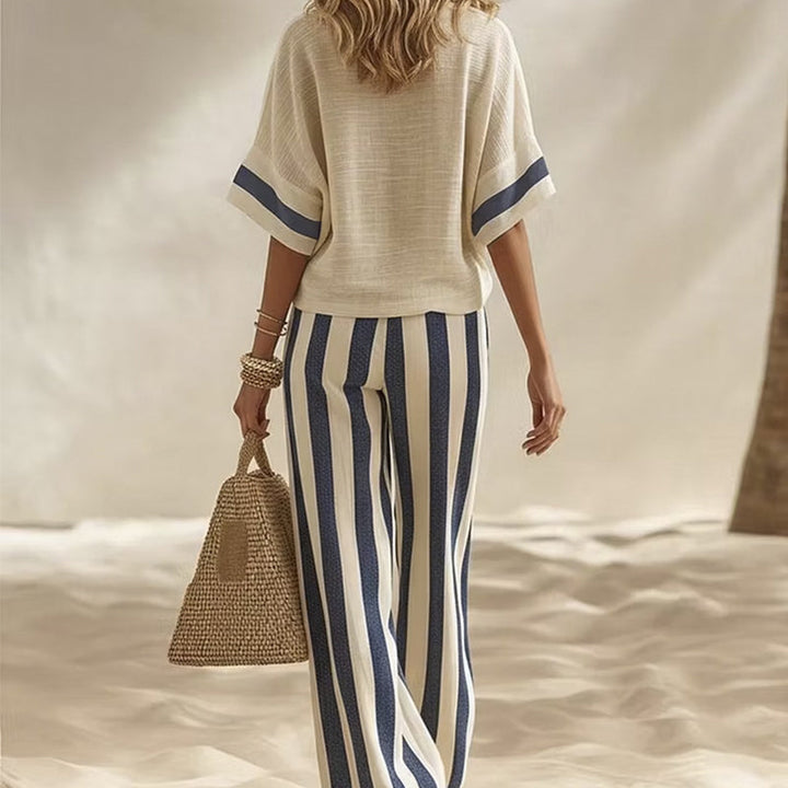 Women's Casual Striped Two-Piece Set with Wide-Leg Pants