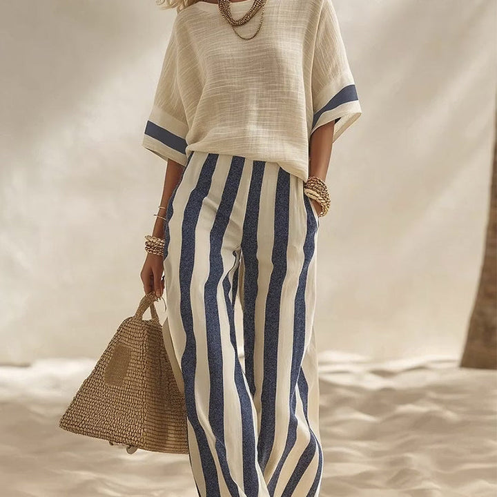Women's Casual Striped Two-Piece Set with Wide-Leg Pants