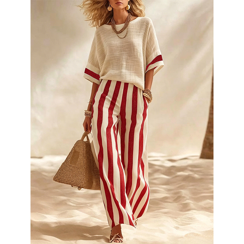 Women's Casual Striped Two-Piece Set with Wide-Leg Pants