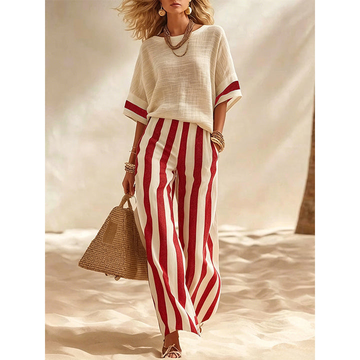 Women's Casual Striped Two-Piece Set with Wide-Leg Pants