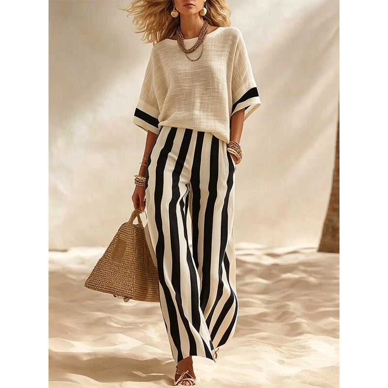 Women's Casual Striped Two-Piece Set with Wide-Leg Pants