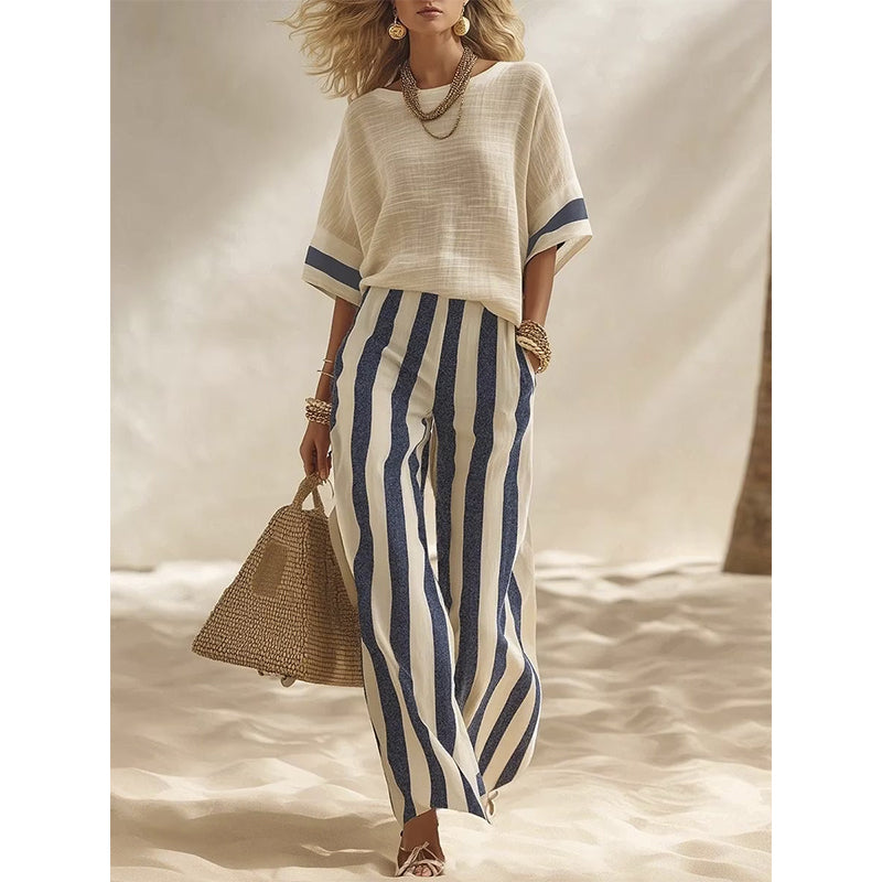 Women's Casual Striped Two-Piece Set with Wide-Leg Pants