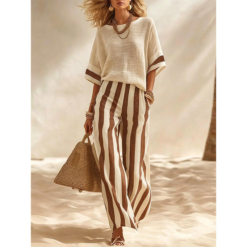 Women's Casual Striped Two-Piece Set with Wide-Leg Pants